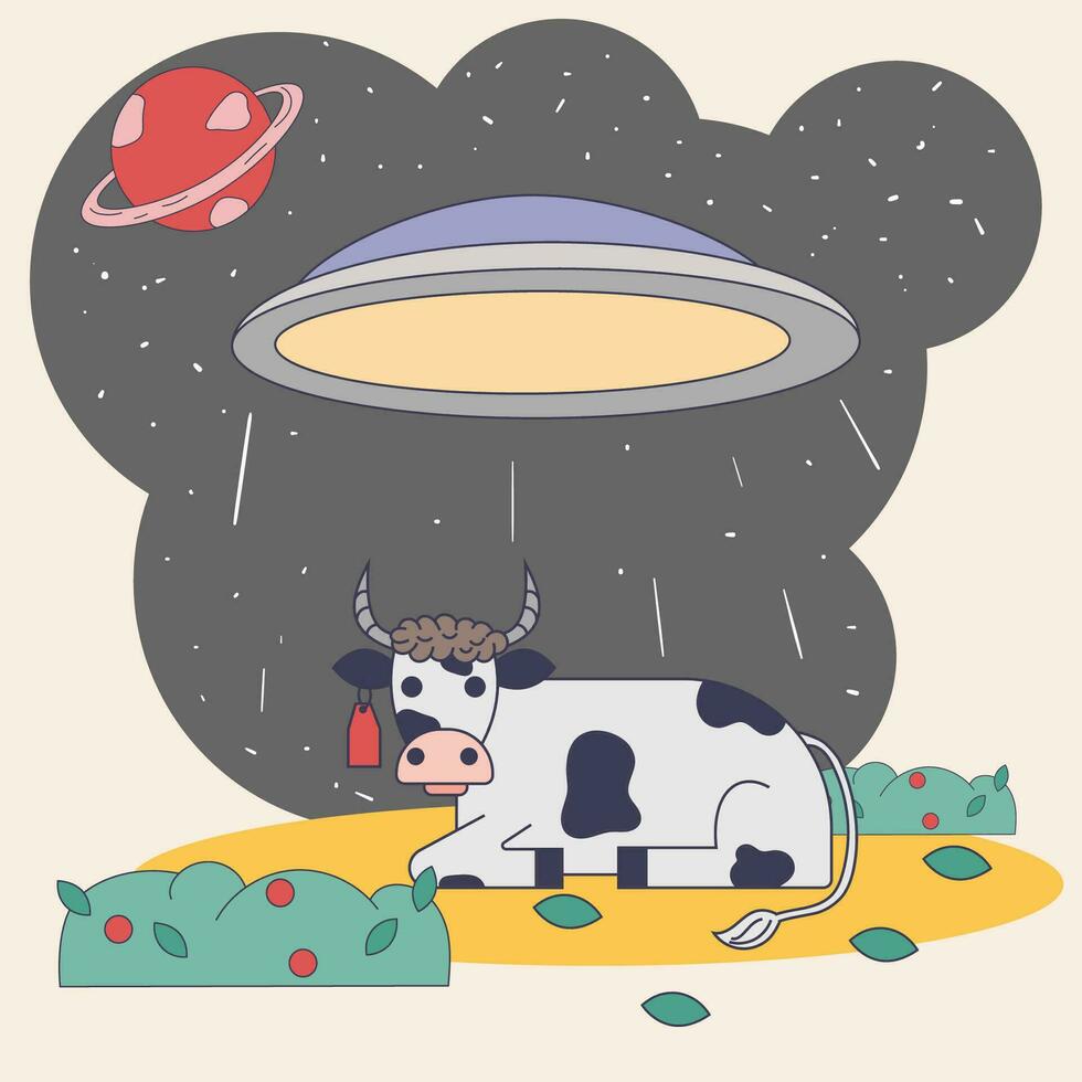 UFO kidnaps a lying cow for conducting experiments and studying a colored flat drawing in the corporate Memphis style vector