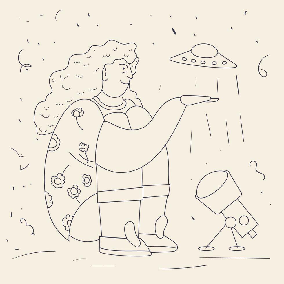 A sitting girl holds in her hand on the palm of her hand a small UFO that flies away a contour drawing in the corporate Memphis style vector