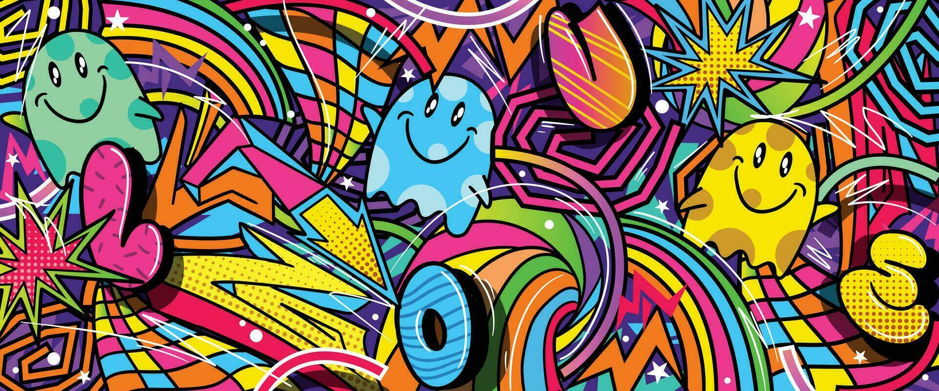 Graffiti doodle art background with vibrant colors hand-drawn style. Street art graffiti urban theme for prints, banners, and textiles in vector format