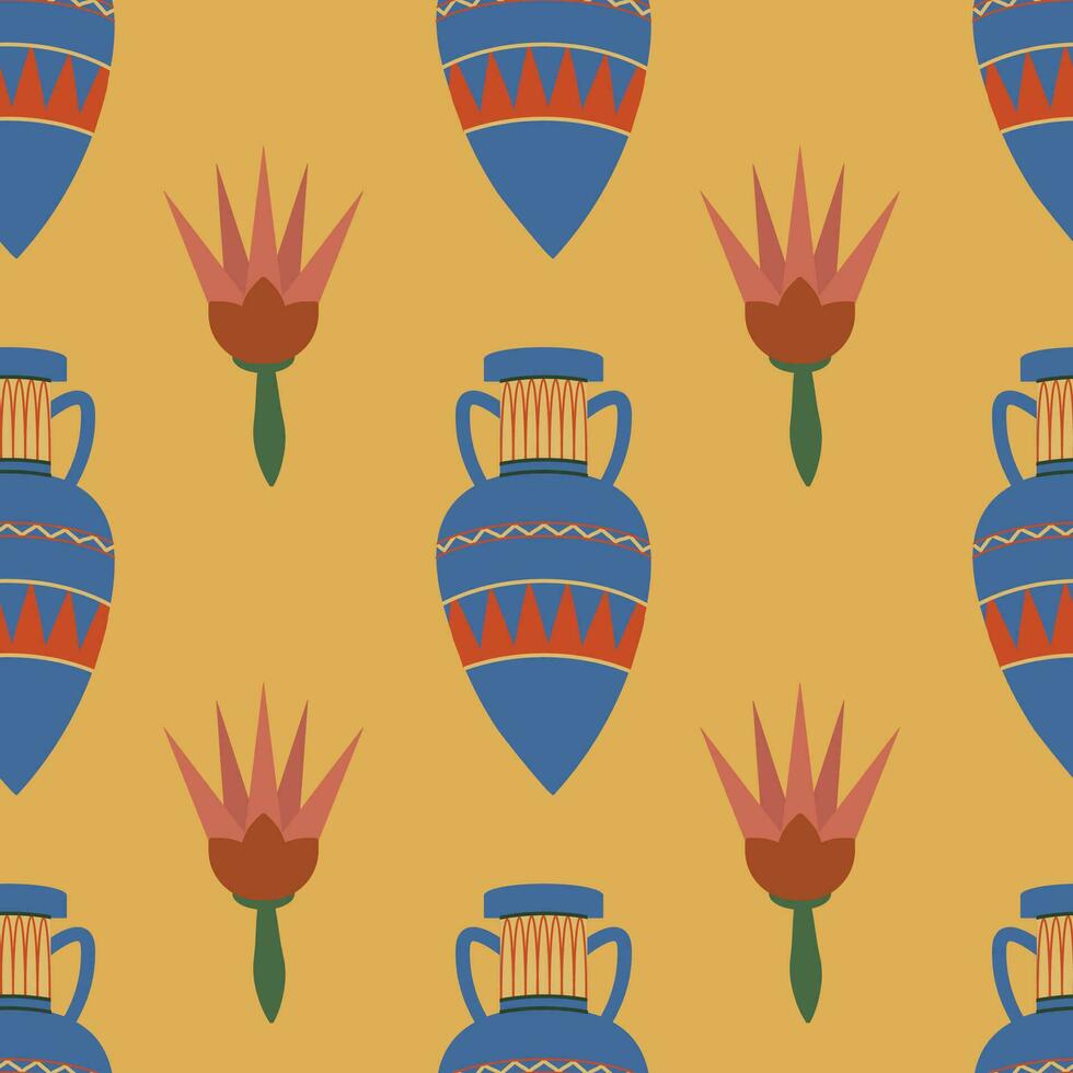 Ancient Egyptian themed vector seamless pattern with vases and lotus flowers on yellow