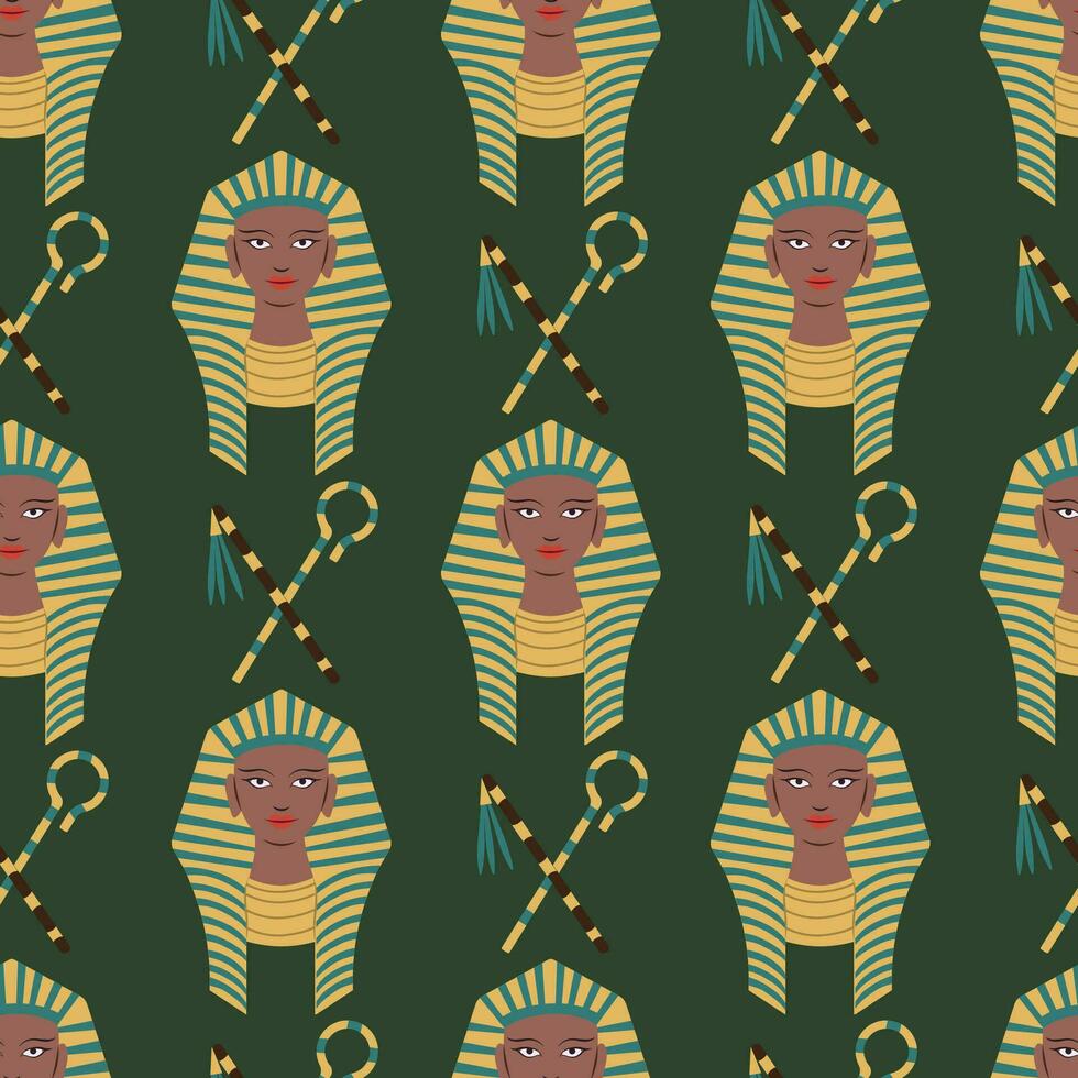Ancient Egyptian themed vector seamless pattern with a queen and sceptres on dark green