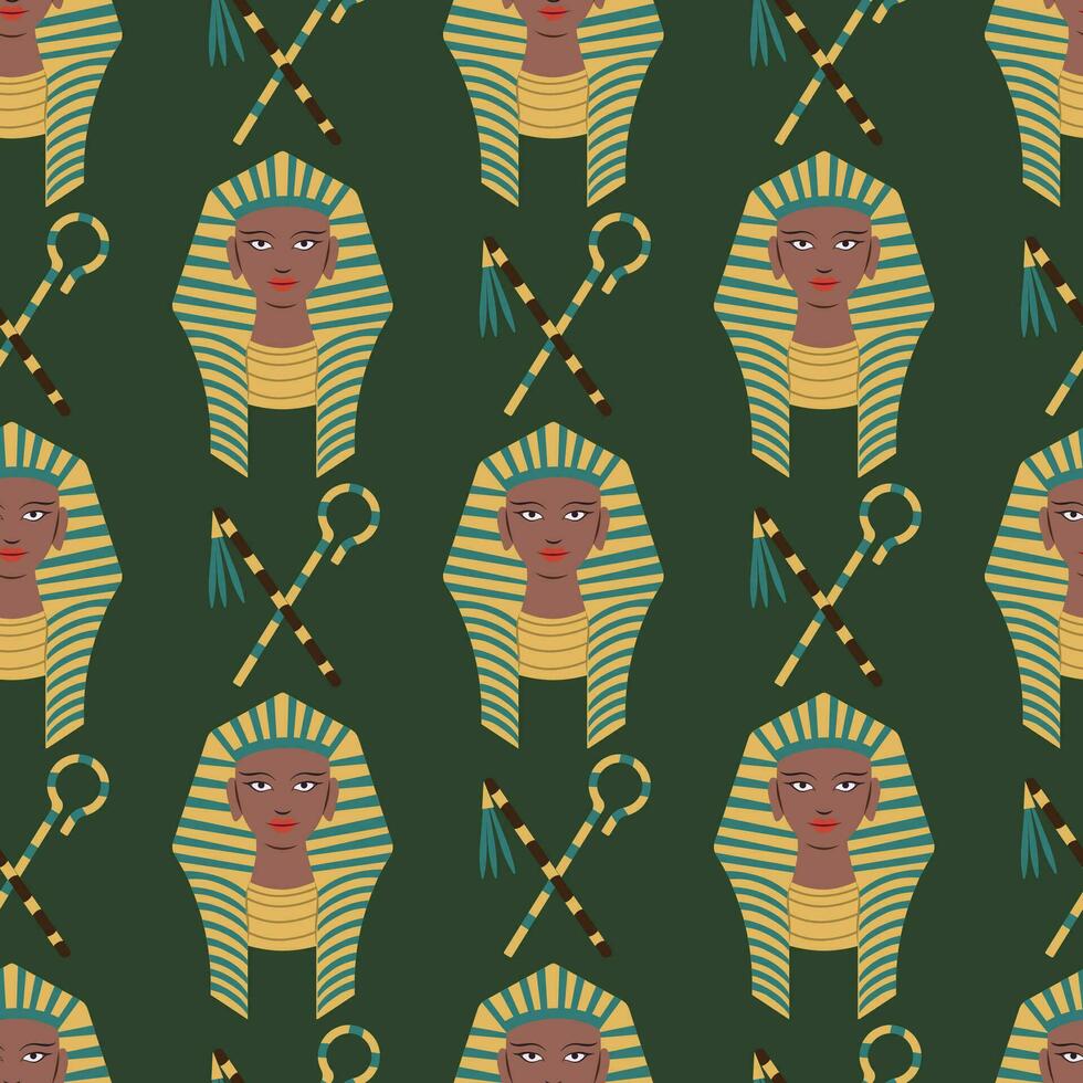 Ancient Egyptian themed vector seamless pattern with a queen and sceptres on dark green