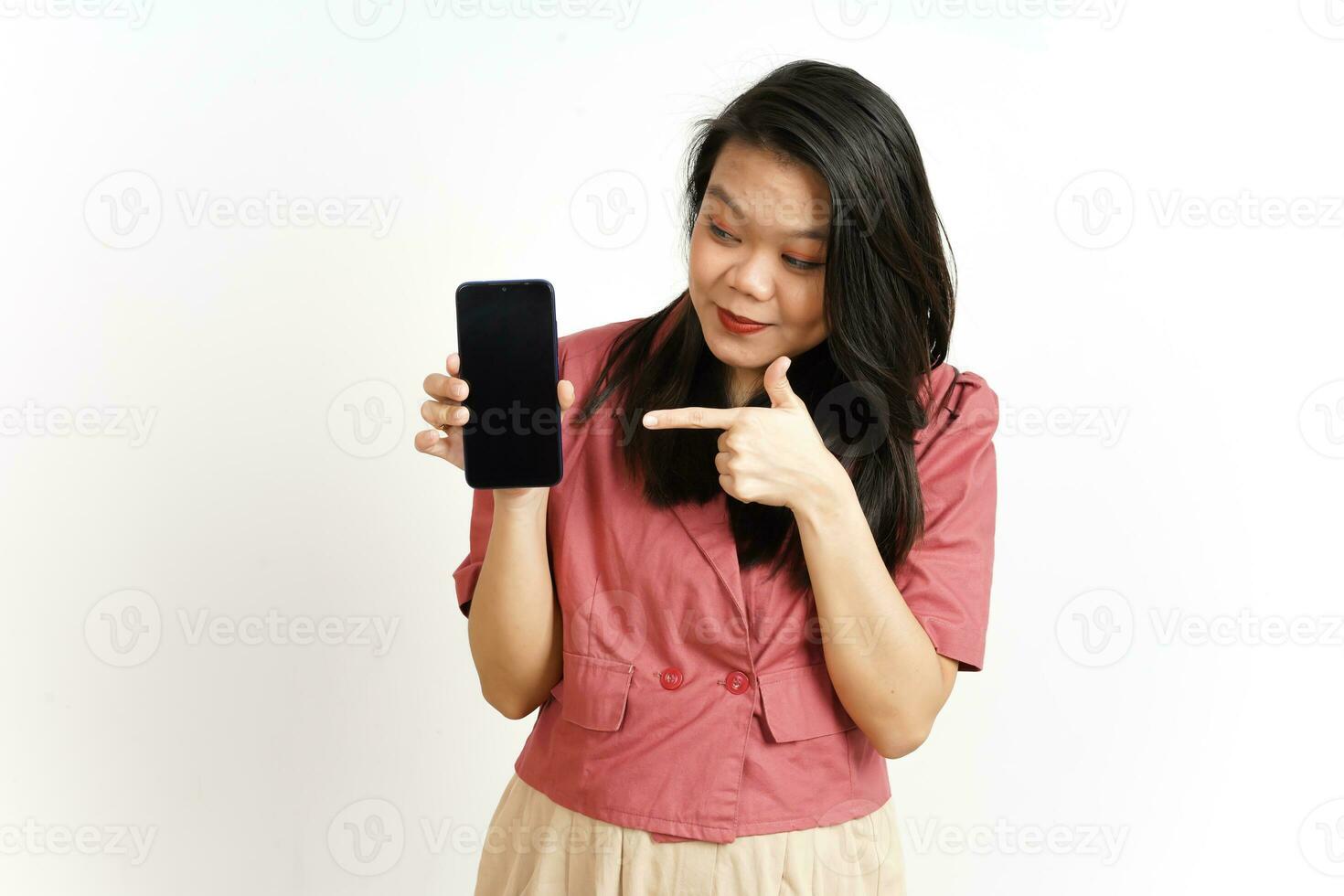 Showing Apps or Ads On Blank Screen Smartphone Of Beautiful Asian Woman Isolated On White Background photo