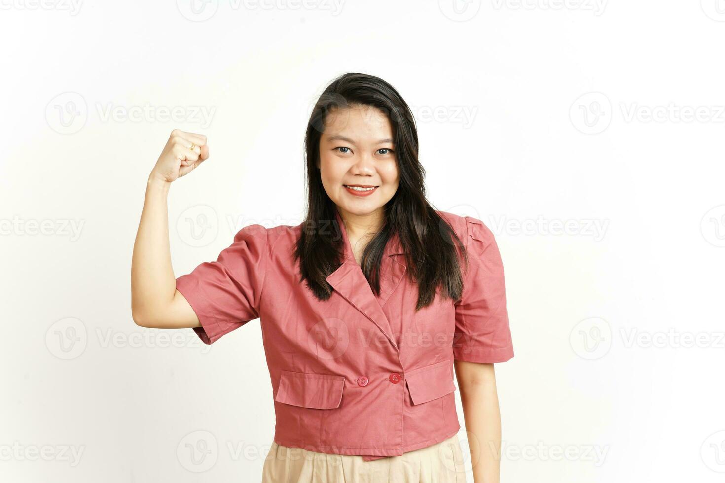 Showing strength and rise arms Of Beautiful Asian Woman Isolated On White Background photo