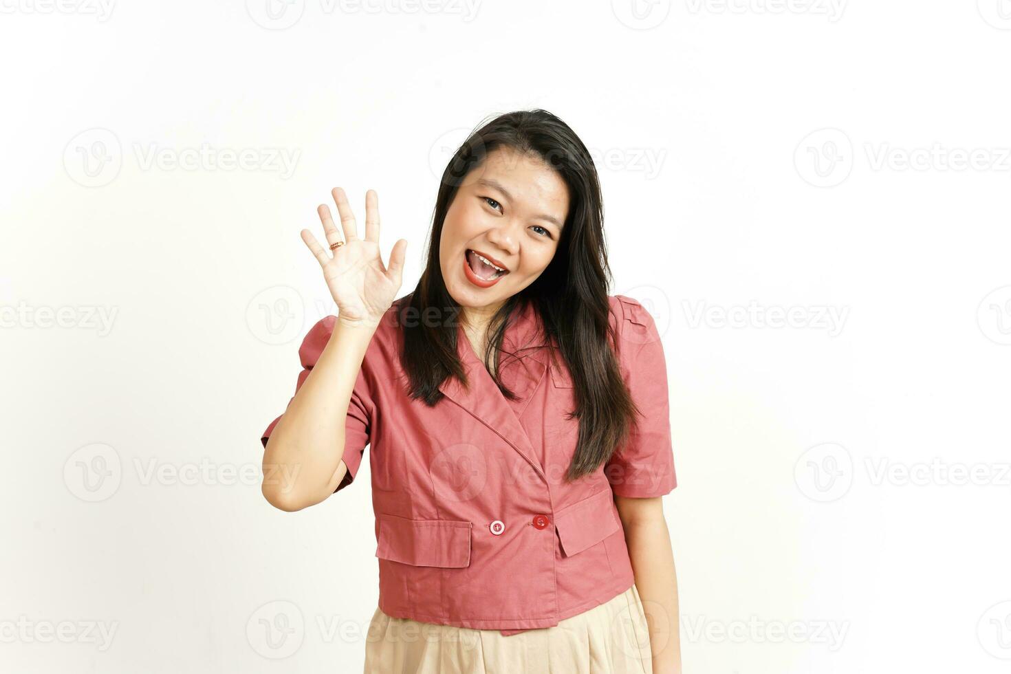 Hi Greeting waving at you Of Beautiful Asian Woman Isolated On White Background photo