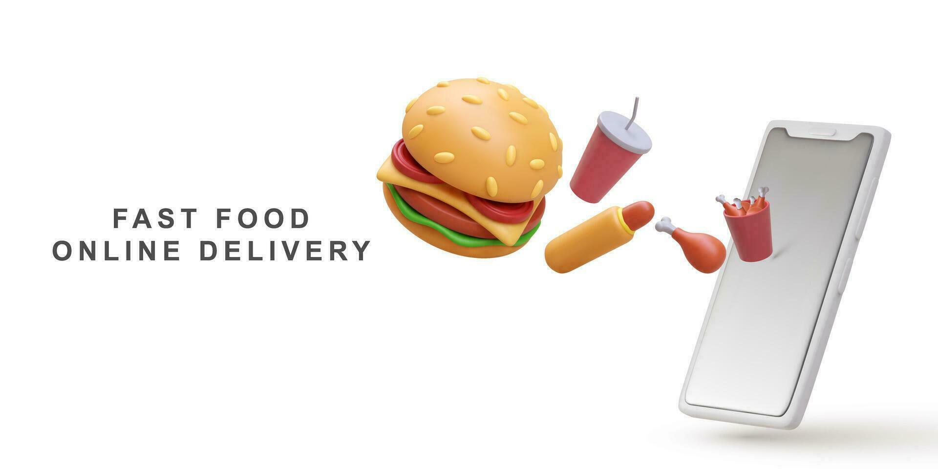3d realistic Fast food online delivery. Vector illustration.