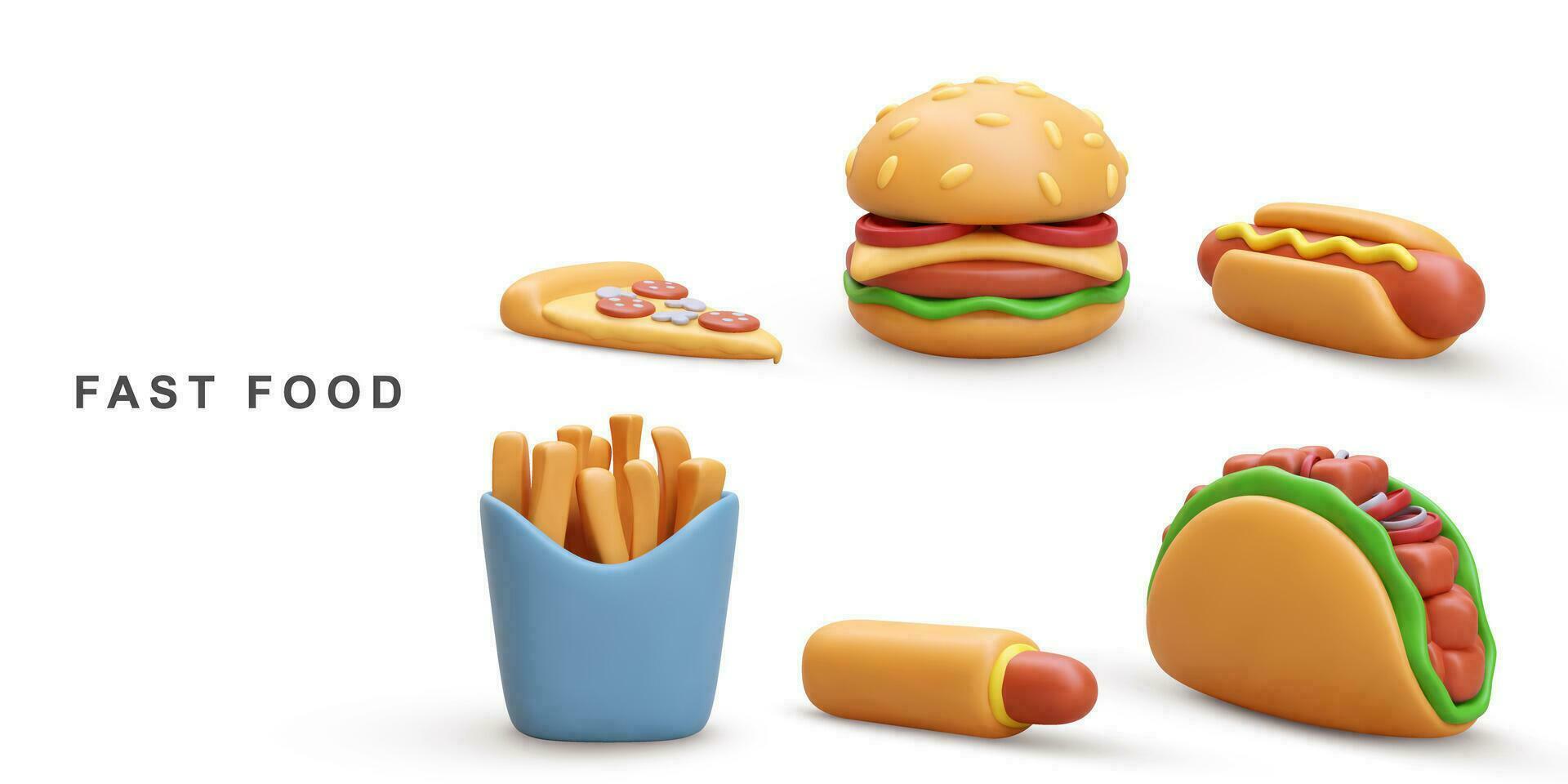 3d realistic Hamburger, Pizza, Hot Dog, Taco and fries potatoes on white background. Vector illustration.