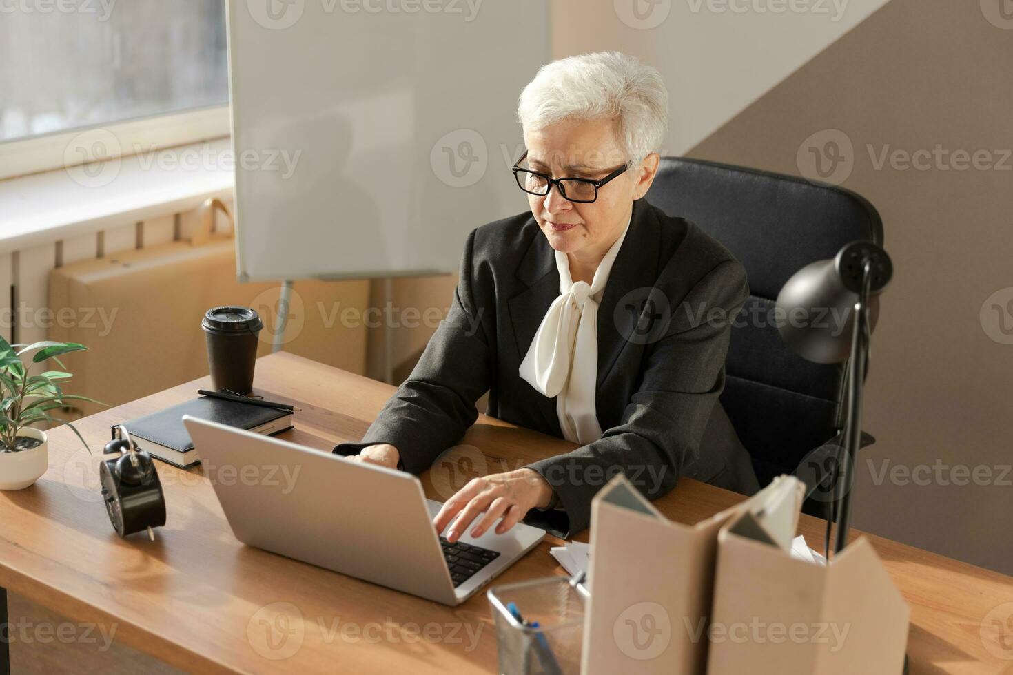 Confident stylish european middle aged senior woman using laptop at workplace. Stylish older mature 60s gray haired lady businesswoman sitting at office table. Boss leader teacher professional worker. photo