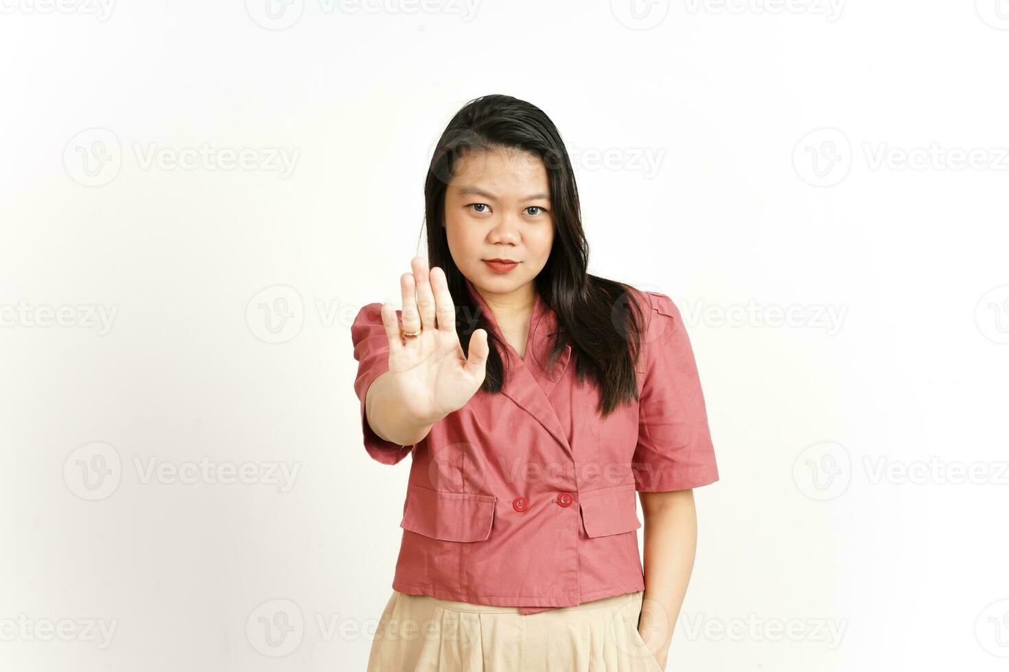 Stop Rejection Gesture Of Beautiful Asian Woman Isolated On White Background photo