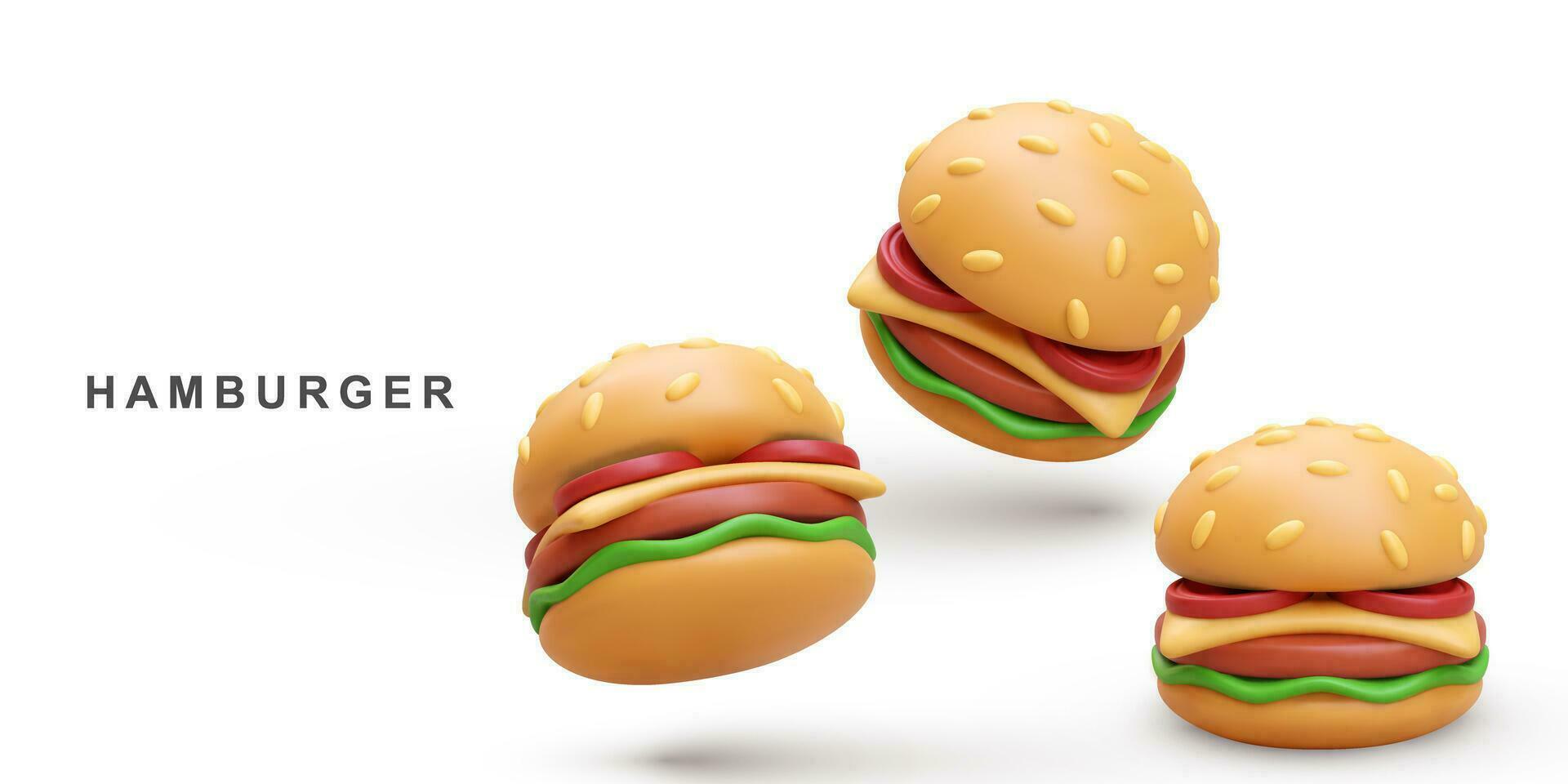 3d realista Tres hamburguesa en blanco antecedentes. vector ilustración.