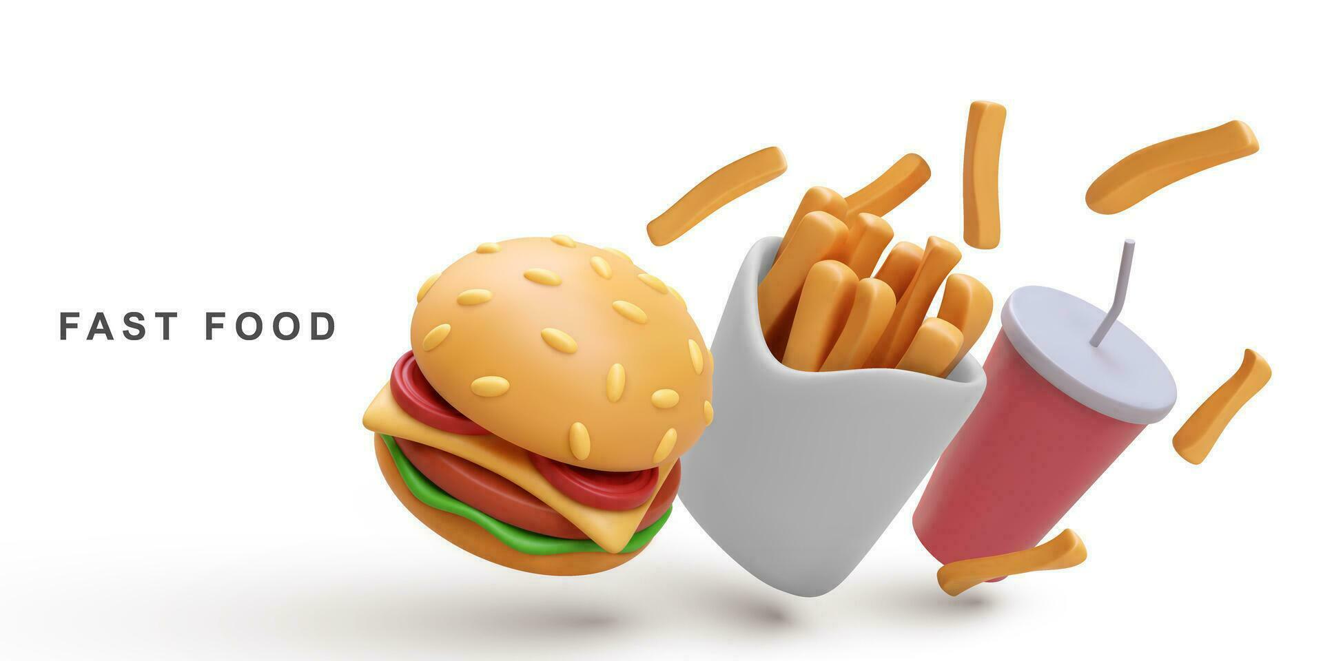 3d realista hamburguesa y soda, papas fritas papas. vector ilustración.