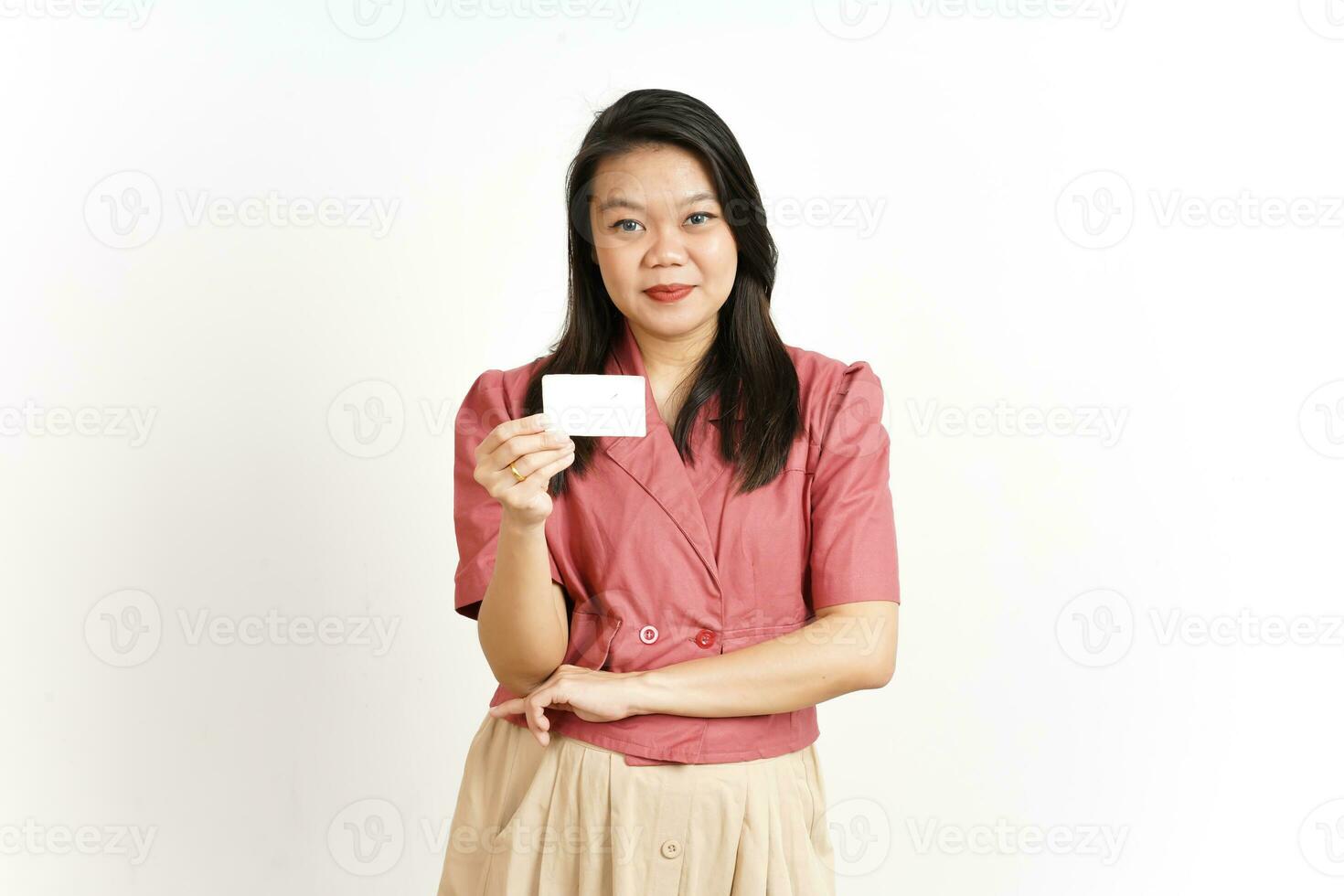 Holding and Showing Blank Credit Card Of Beautiful Asian Woman Isolated On White Background photo