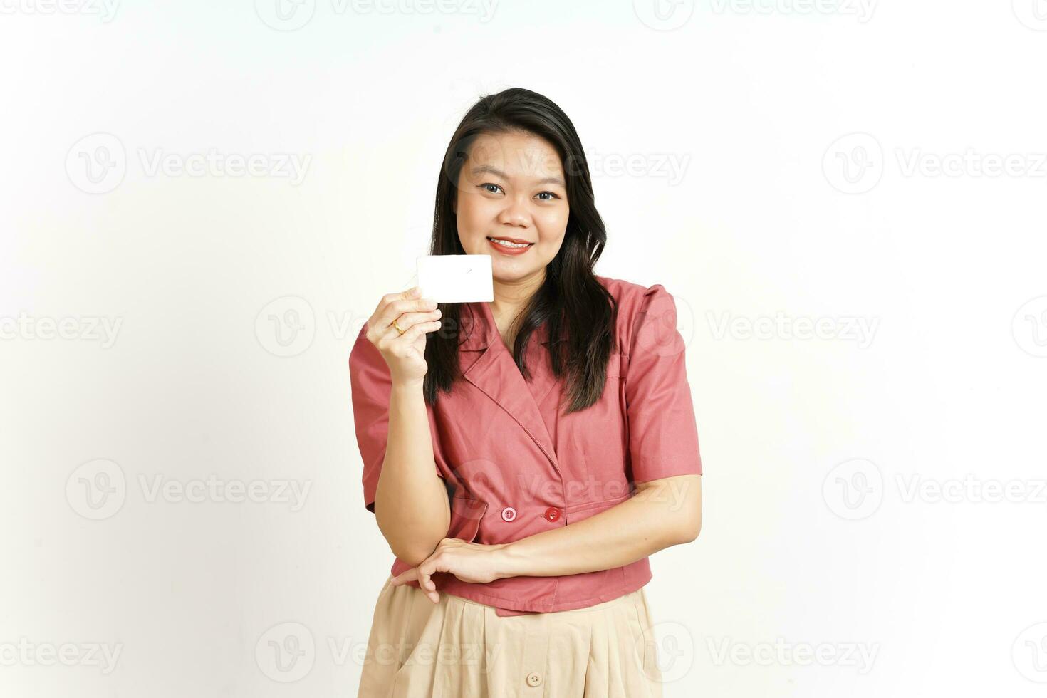 Holding and Showing Blank Credit Card Of Beautiful Asian Woman Isolated On White Background photo