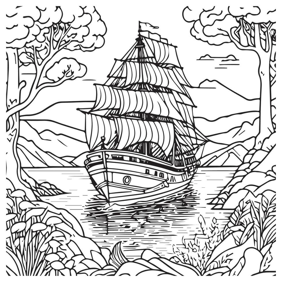 river in the ship line art for coloring book design vector