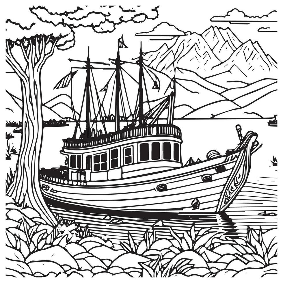 river in the ship line art for coloring book design vector