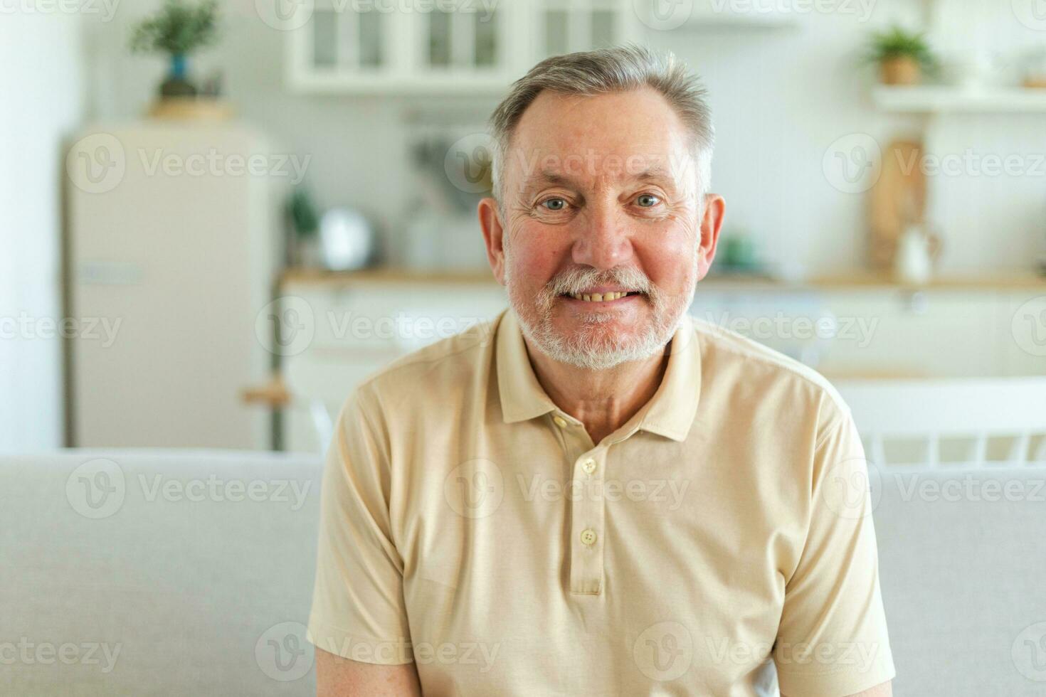 Confident stylish middle aged senior man at home. Older mature 70s man smiling. Happy attractive senior beard grandfather looking camera close up face headshot portrait. Happy people. photo