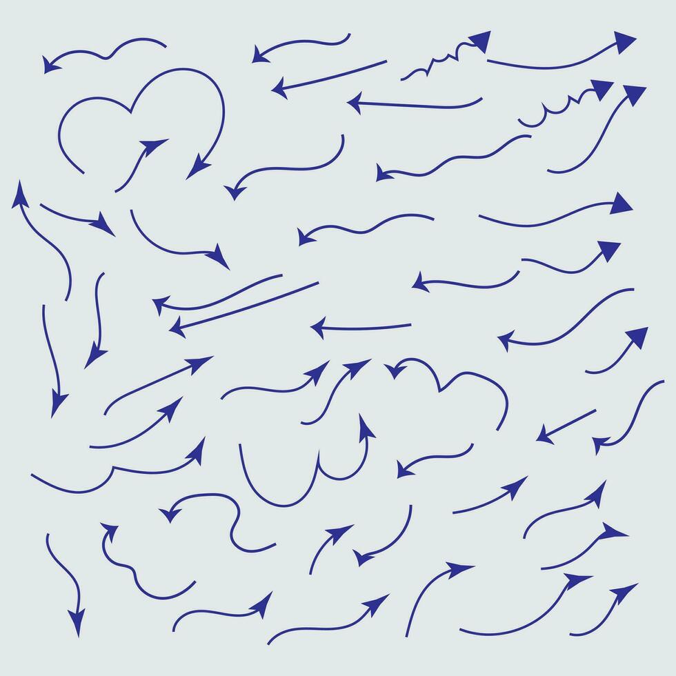 conjunto de flechas curvas vectoriales dibujadas a mano. boceto estilo doodle. colección de punteros. vector