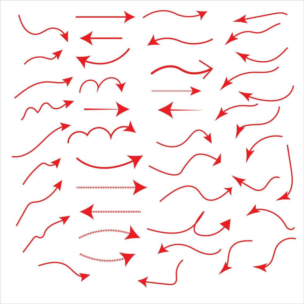 Set of vector curved arrows hand drawn. Sketch doodle style. Collection of pointers.