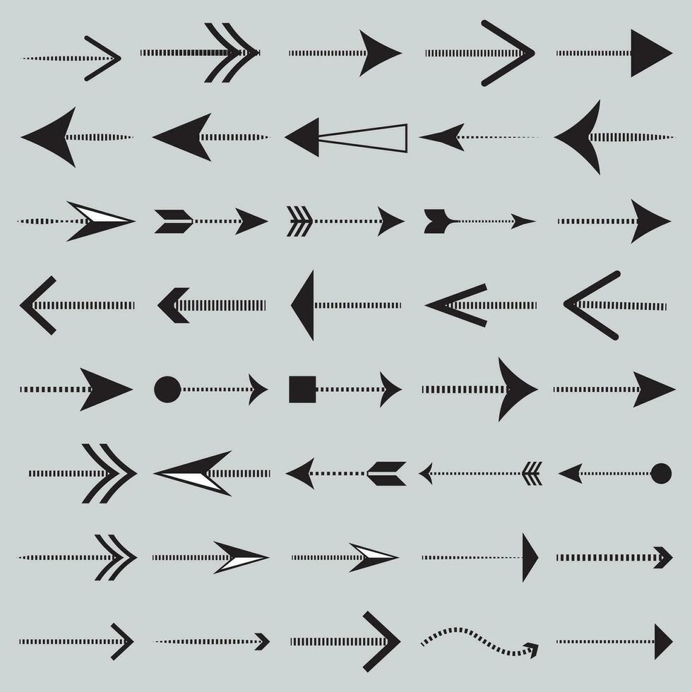 Doodle arrow icons set with spiral, square, circle and triangle directions, shapes . White background. Vector Illustration.