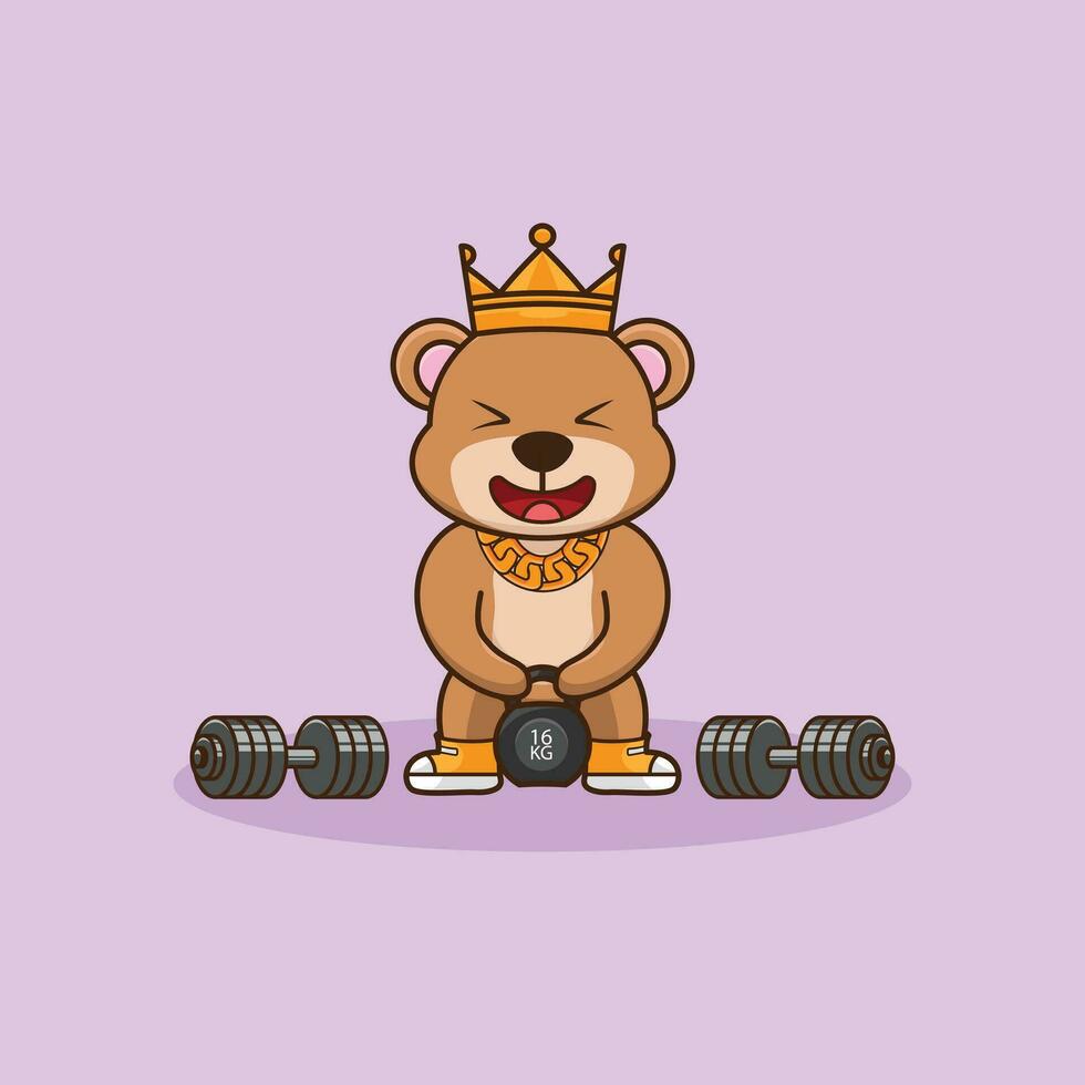 Adorable Bear lifting Kettlebell vector design. Cute sticker, Gym Workout mascot, cartoon style