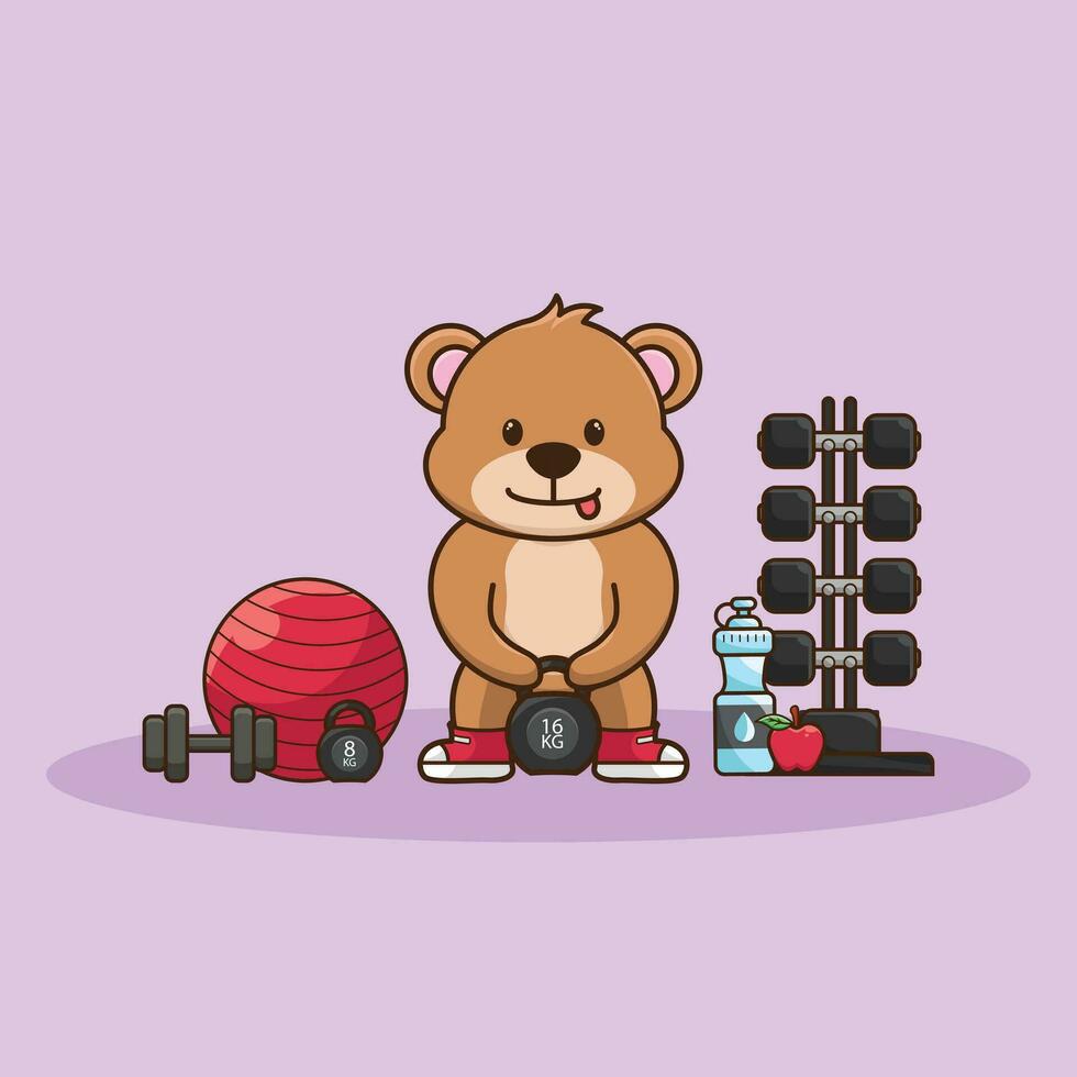 Adorable Bear lifting Kettlebell vector design. Cute sticker, Gym Workout icon, cartoon style