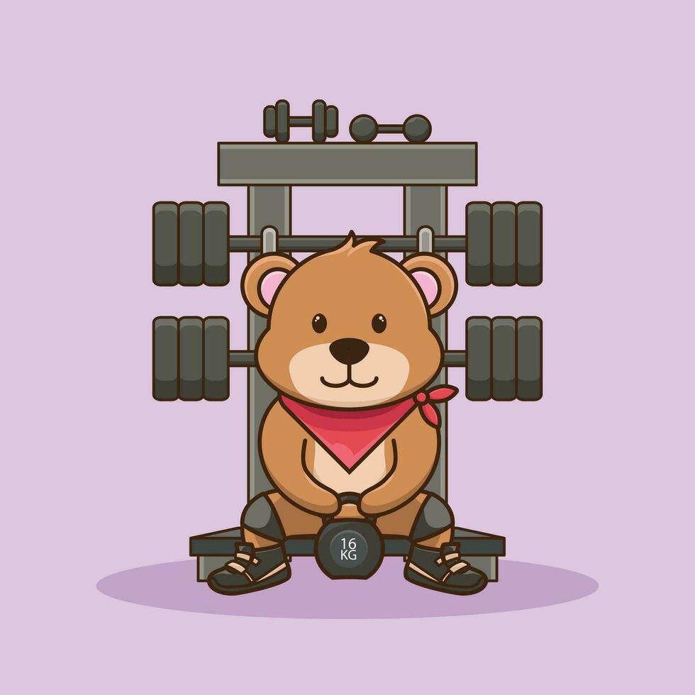 Bear animal lifting Kettlebell vector design. Gym Workout Cartoon Vector Icon Illustration
