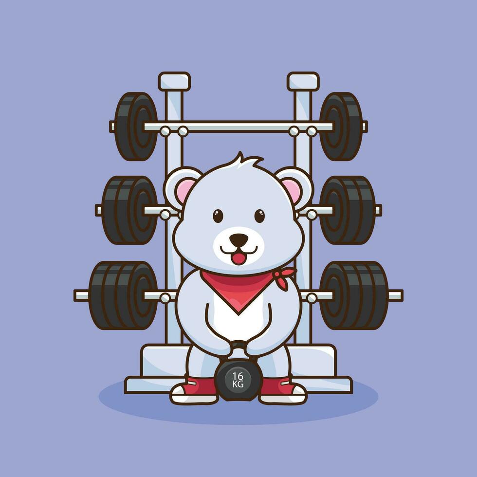 Cute Bear lifting Kettlebell vector design. Gym Workout Icon, mascot logo, cute sticker, cartoon style