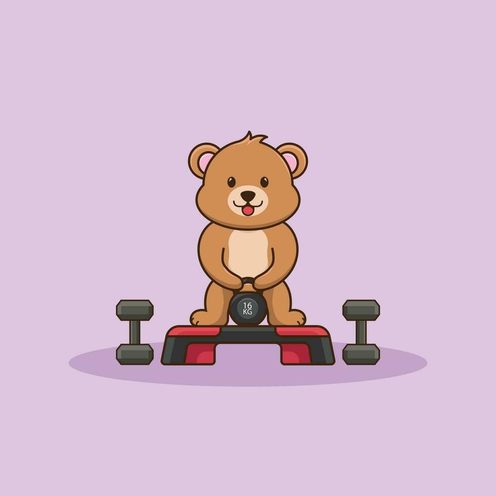 Adorable Bear lifting Kettlebell vector design. Gym Workout mascot, cute sticker, cartoon style