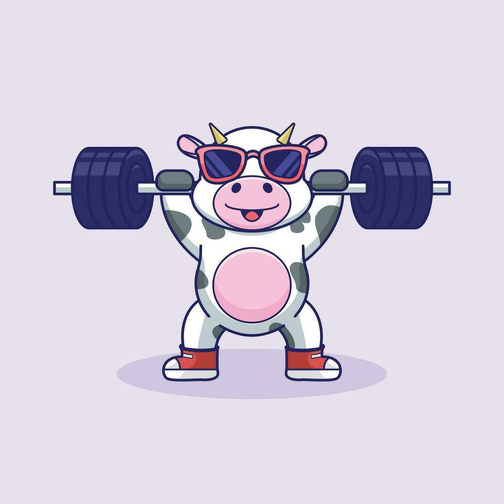 Cute cow Gym Buddy Lifting a barbells, cute animal weighlifting. vector