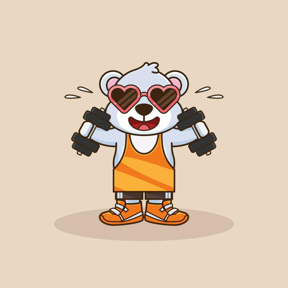 Adorable Bear lifting dumbbell, Gym Workout Icon, cute sticker, cartoon style vector