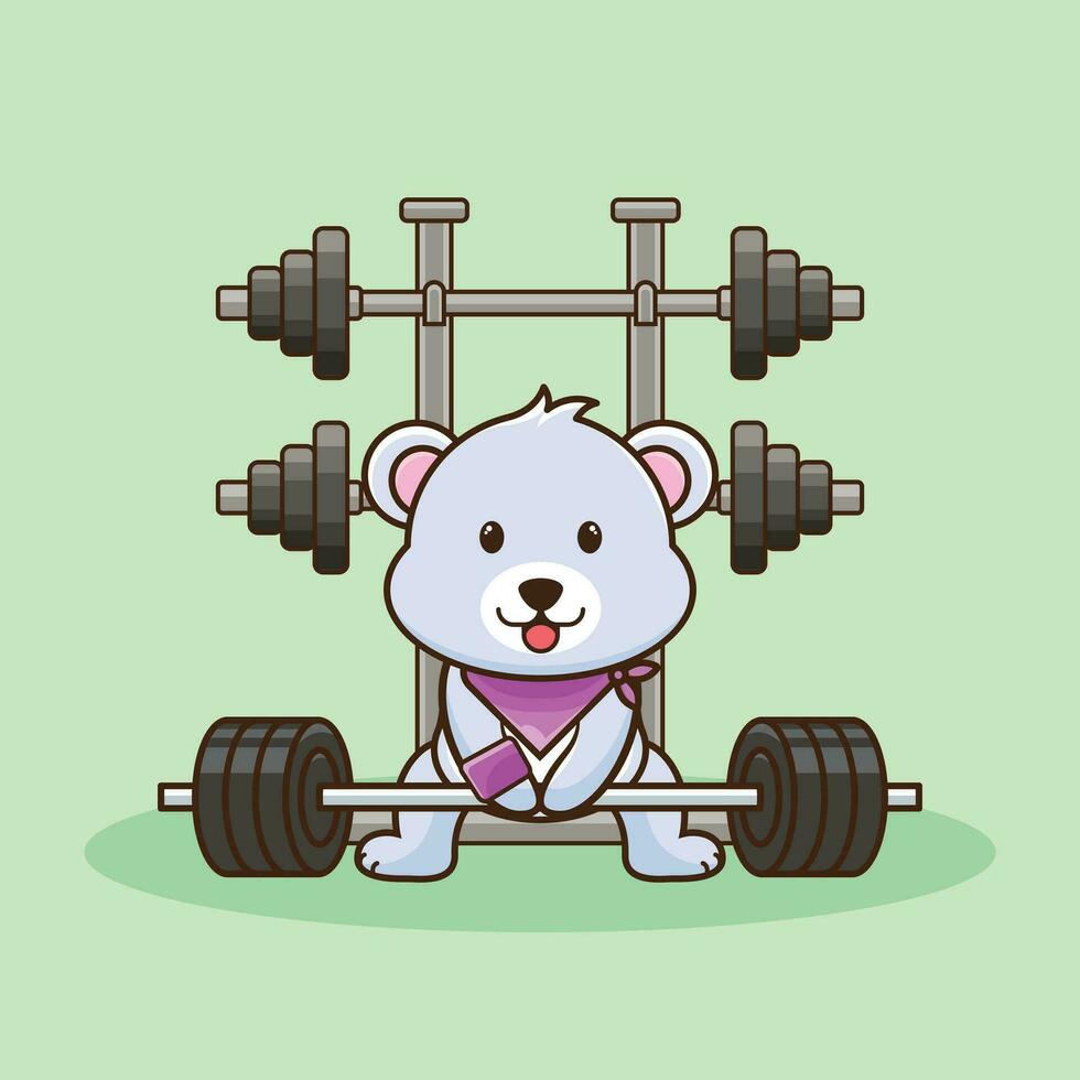 Bodybuilder, Cute Bear animal lifting Barbell. Gym Workout Icon, cute sticker, cartoon style vector