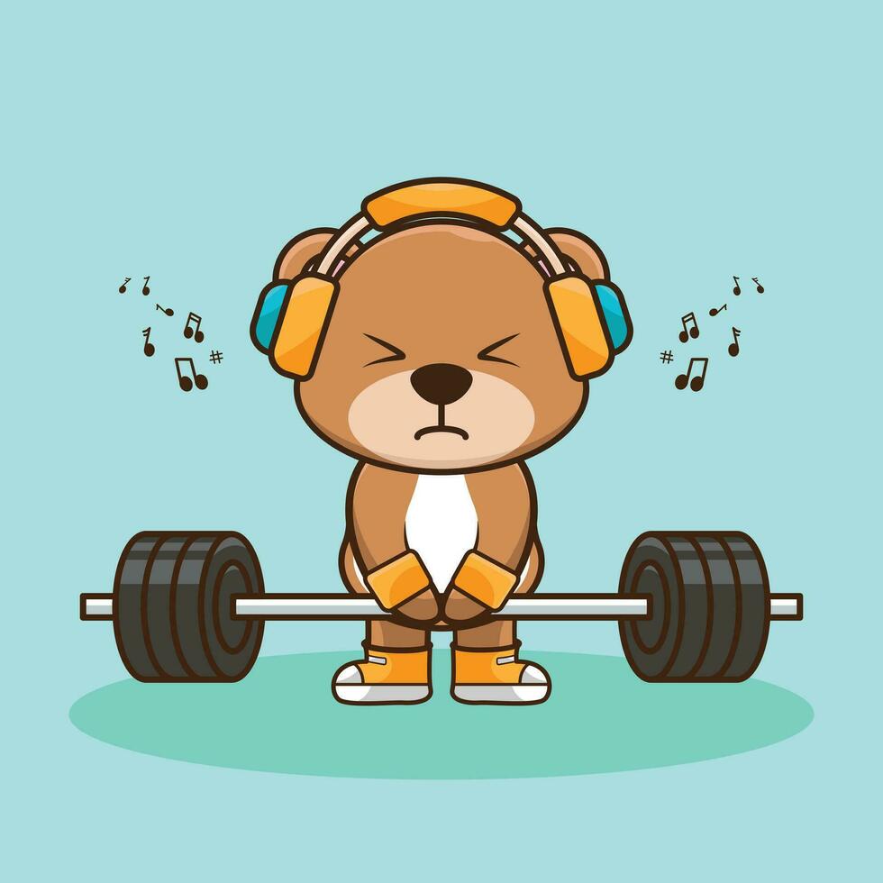 Bodybuilder, Cute mascot Bear lifting Barbell. Gym Workout Icon, cute sticker, cartoon style vector