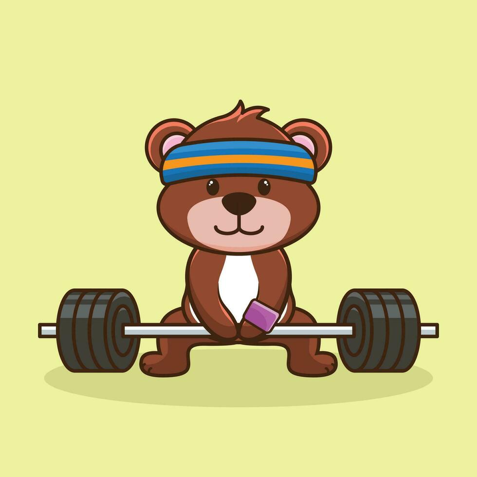 levantamiento de pesas, linda mascota oso levantamiento barra con pesas. linda pegatina, gimnasio rutina de ejercicio logo, dibujos animados estilo vector