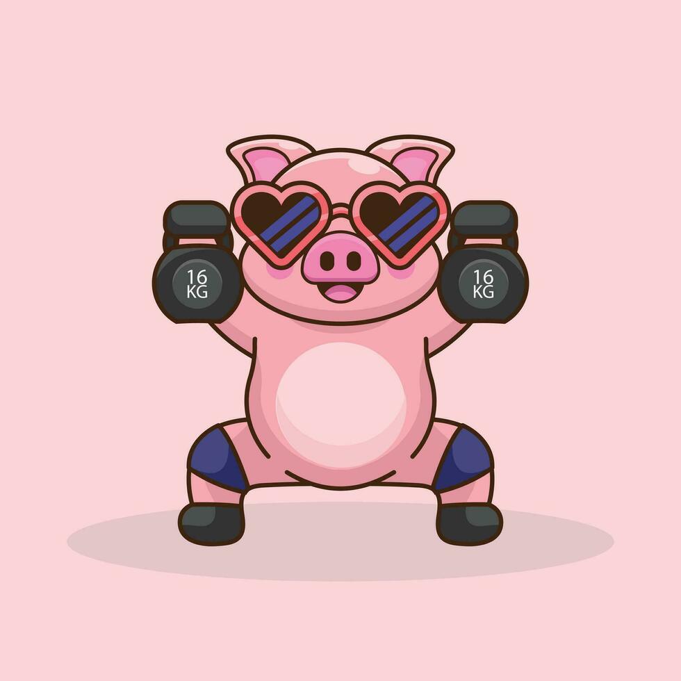 Fitness Fanatic Pig Cartoon Illustration Working Out with a Kettlebells vector