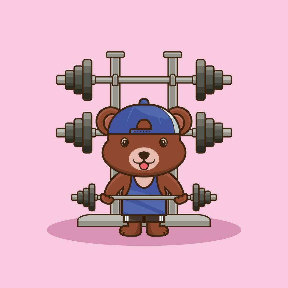 Bodybuilding, Cute Bear lifting Barbell. Gym Workout mascot logo, cute sticker, cartoon style vector