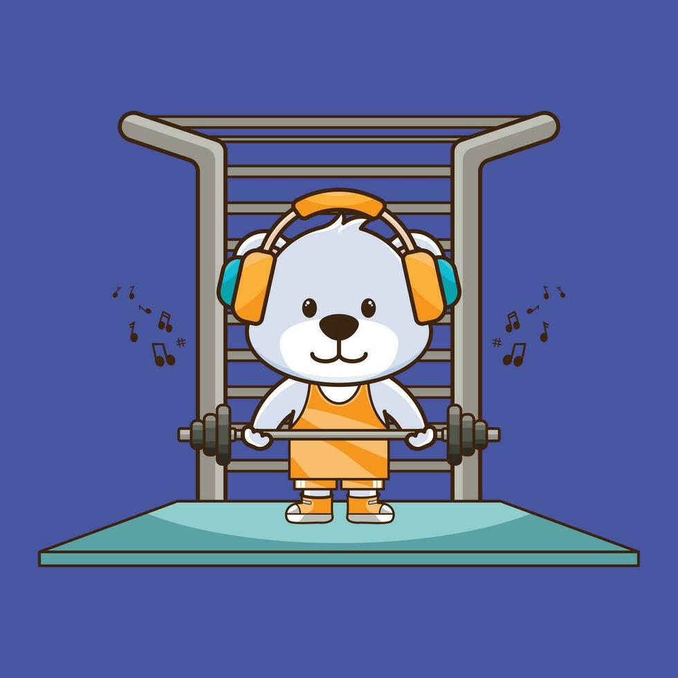 Weight training, Cute logo Bear lifting Barbell. Cute sticker, Gym Workout icon, cartoon style vector