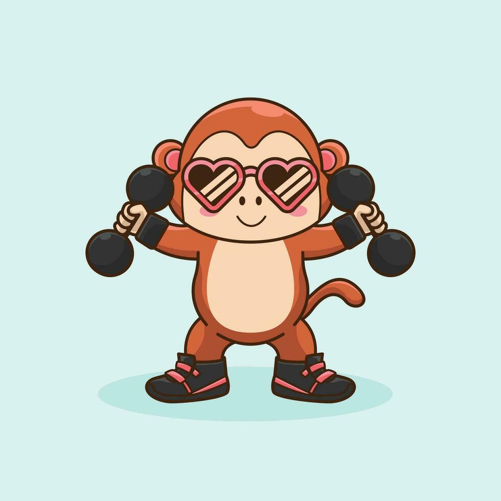 Monkey animal lifting dumbbell Gym Workout Cartoon Vector Icon Illustration.