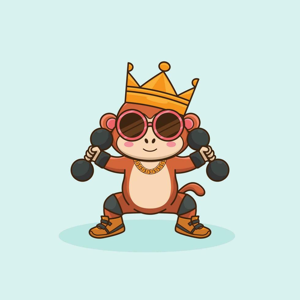Monkey animal lifting dumbbell Gym Workout mascot, cute sticker, cartoon style. vector