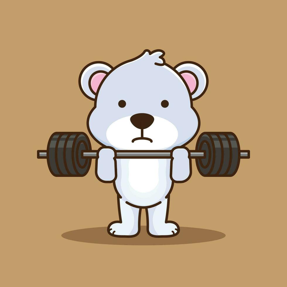 Physical exercise, Cartoon Bear lifting Barbell. Cartoon Vector Gym Workout, icon, Mascot Logo