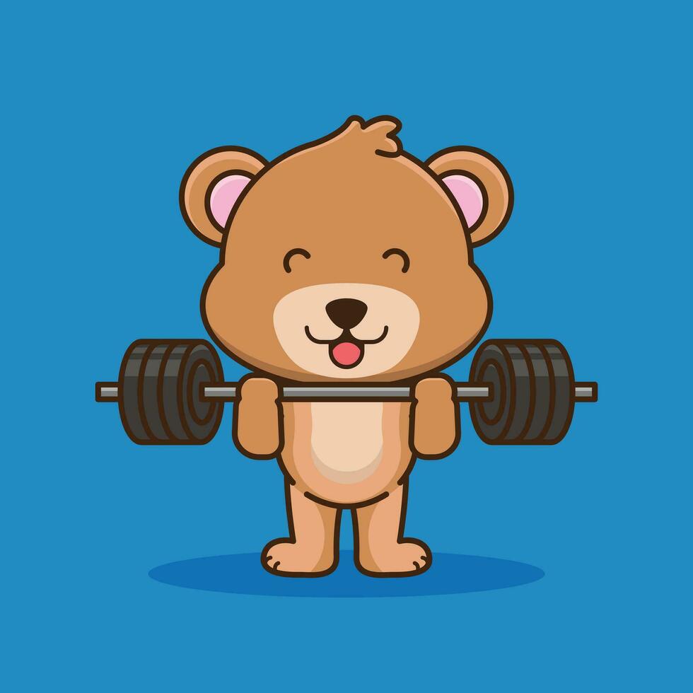 Physical exercise, Mascot logo Bear lifting Barbell. Cute sticker, Gym Workout icon, cartoon style vector