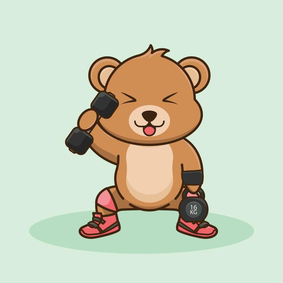 oso animal levantamiento barra con pesas y pesas rusas gimnasio rutina de ejercicio mascota, linda pegatina, dibujos animados estilo. vector