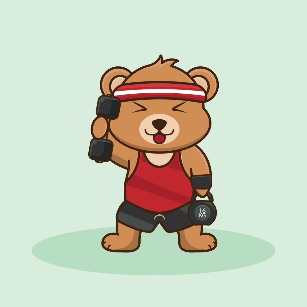 oso animal levantamiento barra con pesas y pesas rusas linda pegatina, gimnasio rutina de ejercicio icono, dibujos animados estilo. vector