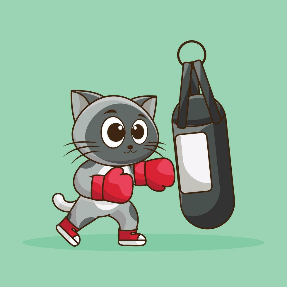 Mascot logo, Cute cat boxer wearing boxing gloves hitting the punching bag training, exercise in the gym. Cute sticker, Gym Workout mascot, cartoon style vector