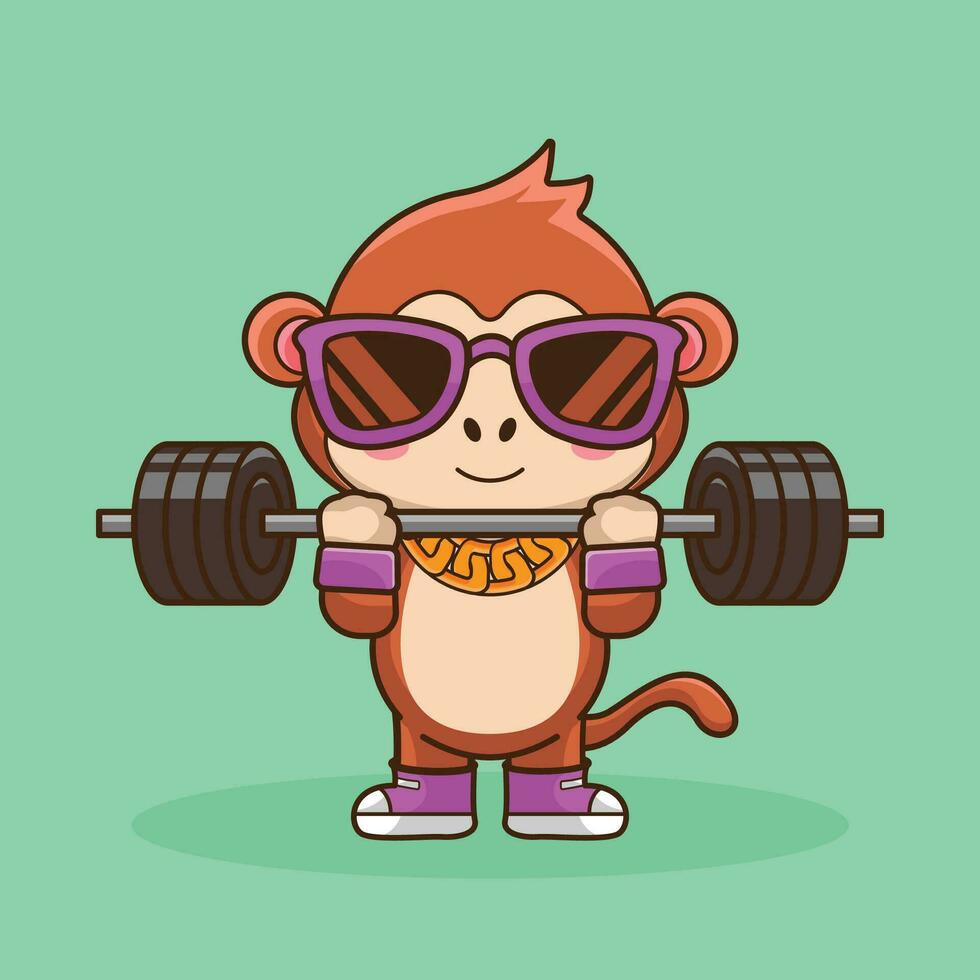 Cute Monkey lifting Barbell vector illustration. Gym Workout Icon, cute sticker, cartoon style