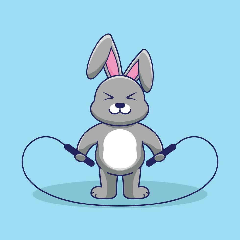 Cute Cartoon Rabbit Jumping Rope. Cartoon Vector Icon Illustration. Flat Cartoon Style