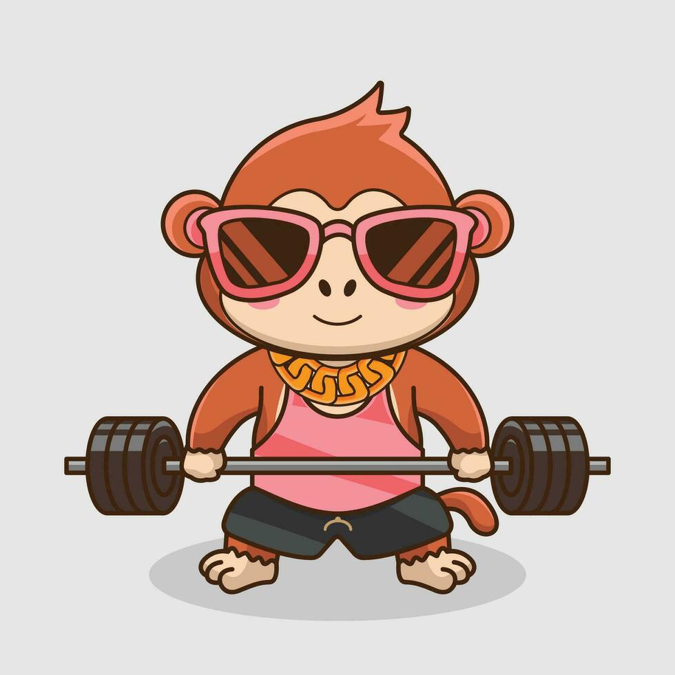 Cute mascot, Adorable Monkey lifting Barbell. Gym Workout Icon, cute sticker, cartoon style vector