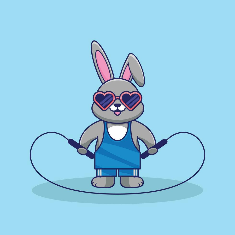 Cute Rabbit jumping rope kawaii vector cartoon illustration. Cartoon Vector workout Icon Illustration