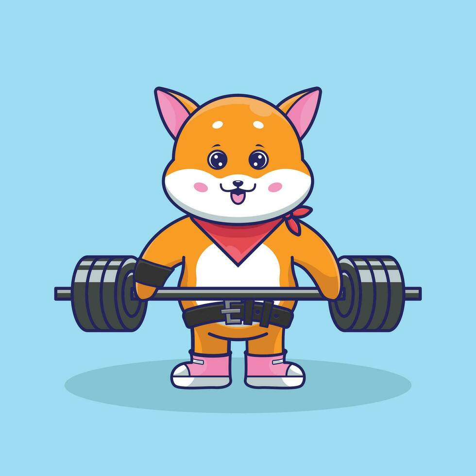 cute cartoon style shiba inu lifting barbell vector