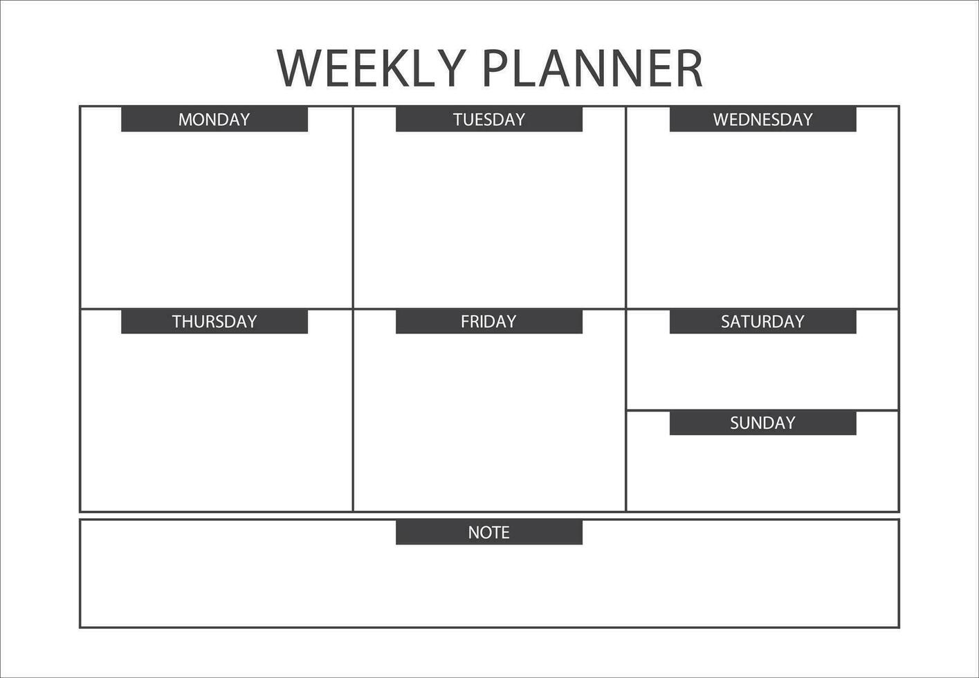 Minimalist planner template. Clear and simple printable Weekly Planner, Weekly Schedule, Weekly Agenda, Weekly Overview, Weekly Tasks, Weekly Organizer. Business organizer page vector illustration