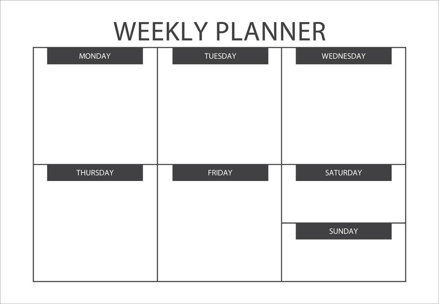 Clear and simple printable Weekly Planner. Minimalist Weekly planner whiteboard template. Blank white notebook page isolated. Business organizer page. Paper sheet. Realistic vector illustration